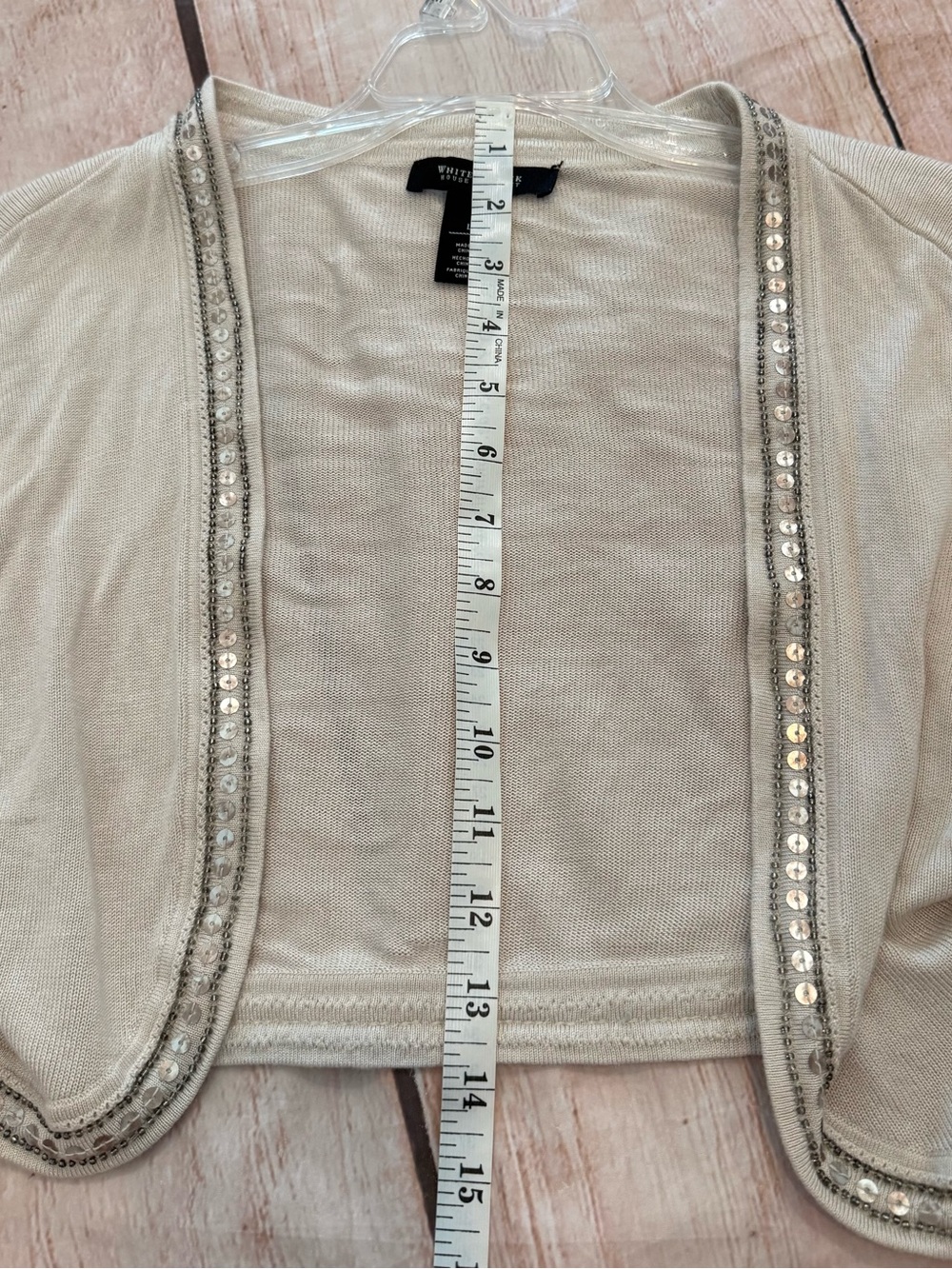 White House Black Market Beige Cropped Shrug Beaded Sequence Size Large - Picture 4 of 8